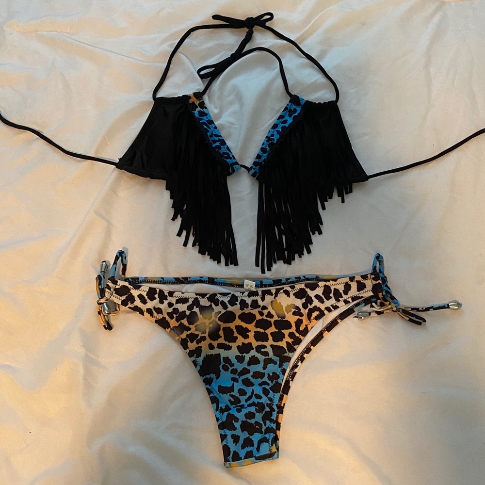 Multi color leopard bikini with fringe